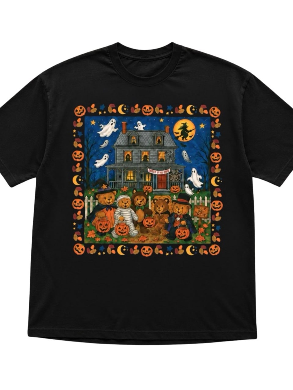 Black Halloween Teddy Bears Haunted House Graphic Tee